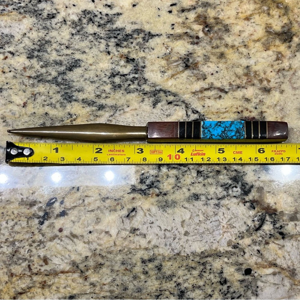 Artisan Turquoise or Azurite, Wood, Brass Handled Letter Opener